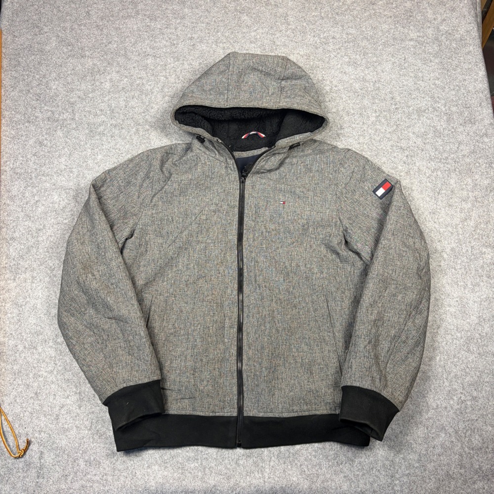 Tommy Hilfiger Mens Grey Softshell Sherpa Lined Hooded Jacket Water Resistant M